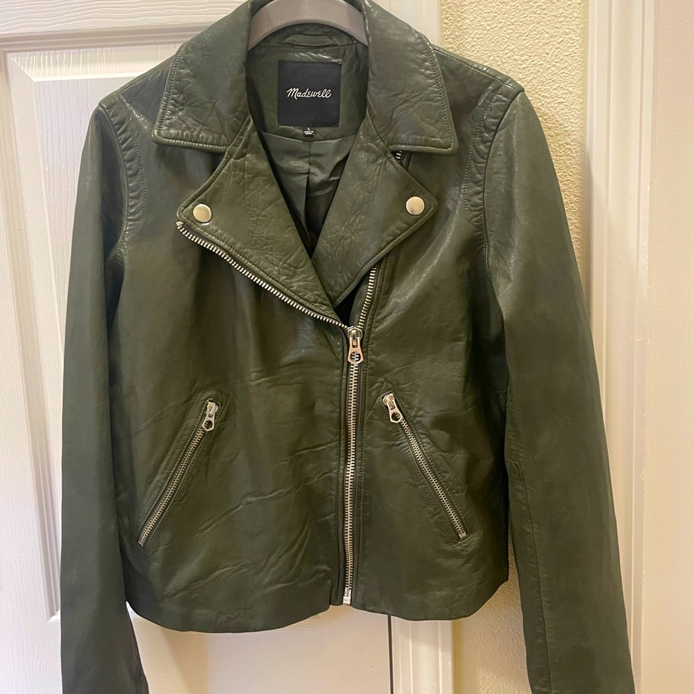 Green Madewell leather jacket.